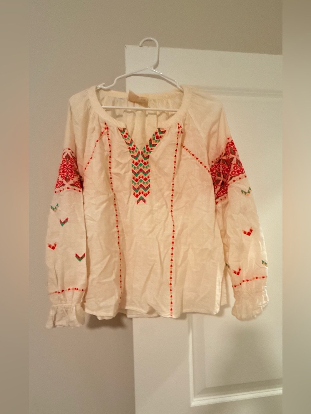 Savanna Jane Cream Peasant Blouse with Red & Green Embroidery - Picture 3 of 6